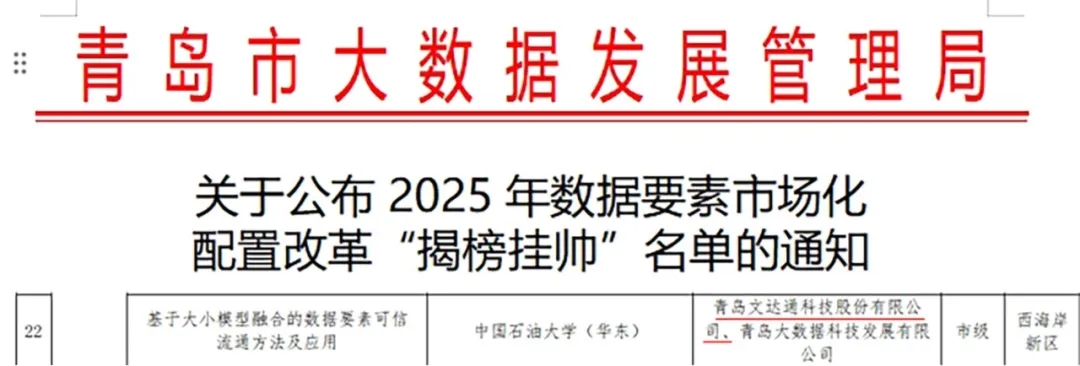 文達(dá)通股份成功入選2025年數(shù)據(jù)要素市場(chǎng)化配置改革“揭榜掛帥”名單